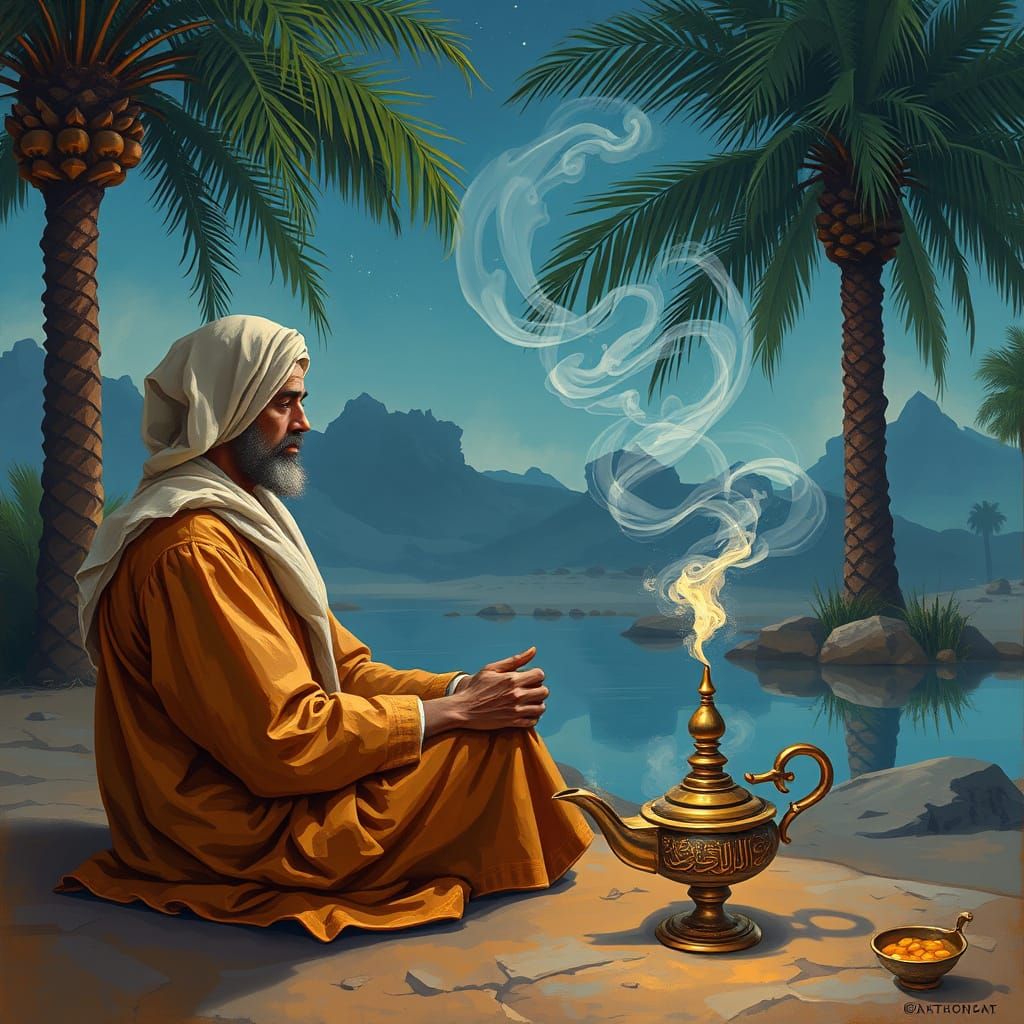 Bedouin's Oasis Discovery: Genie Emerges in Dreamlike Art