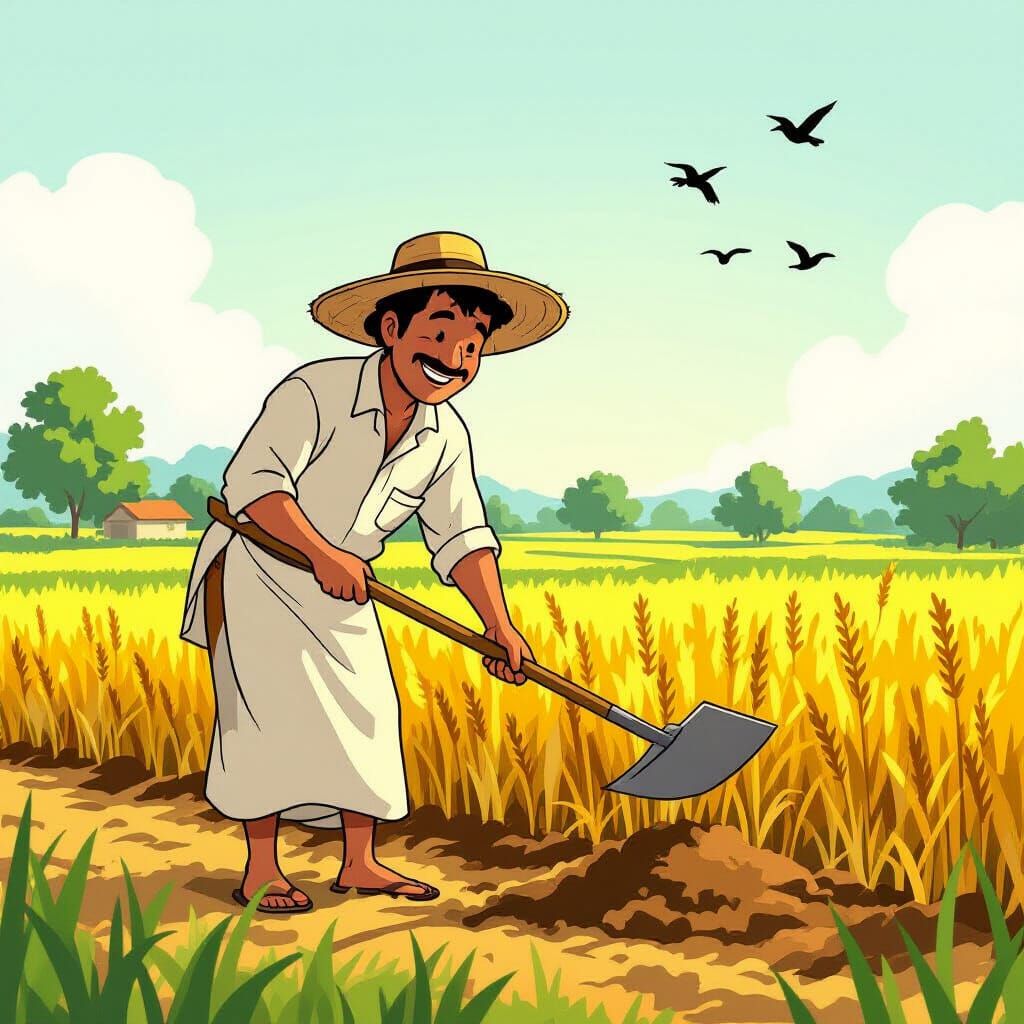 Farmer Plowing Field in Early Morning 2D Animation Style