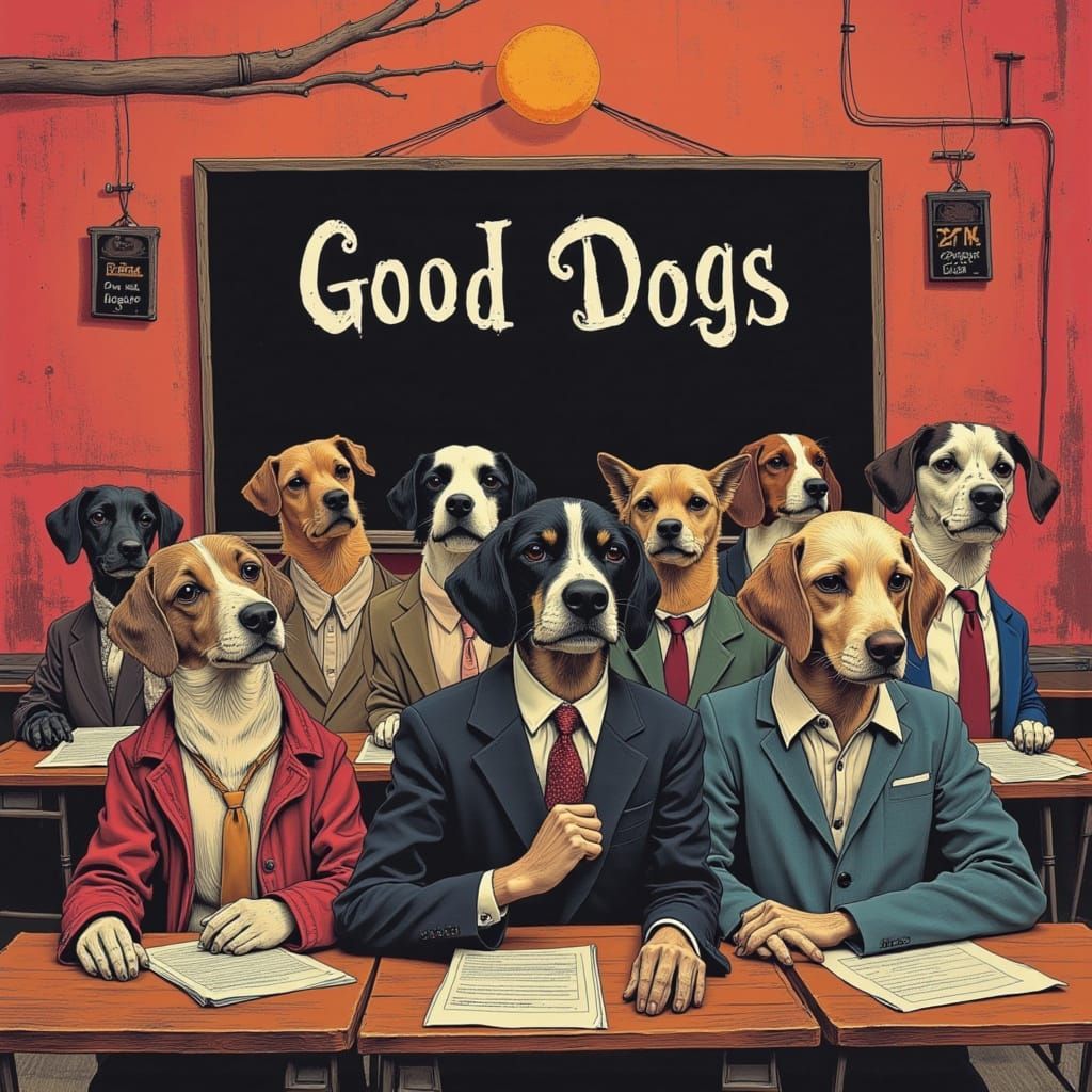 Anthropomorphic Dogs in 1980s School Movie Poster