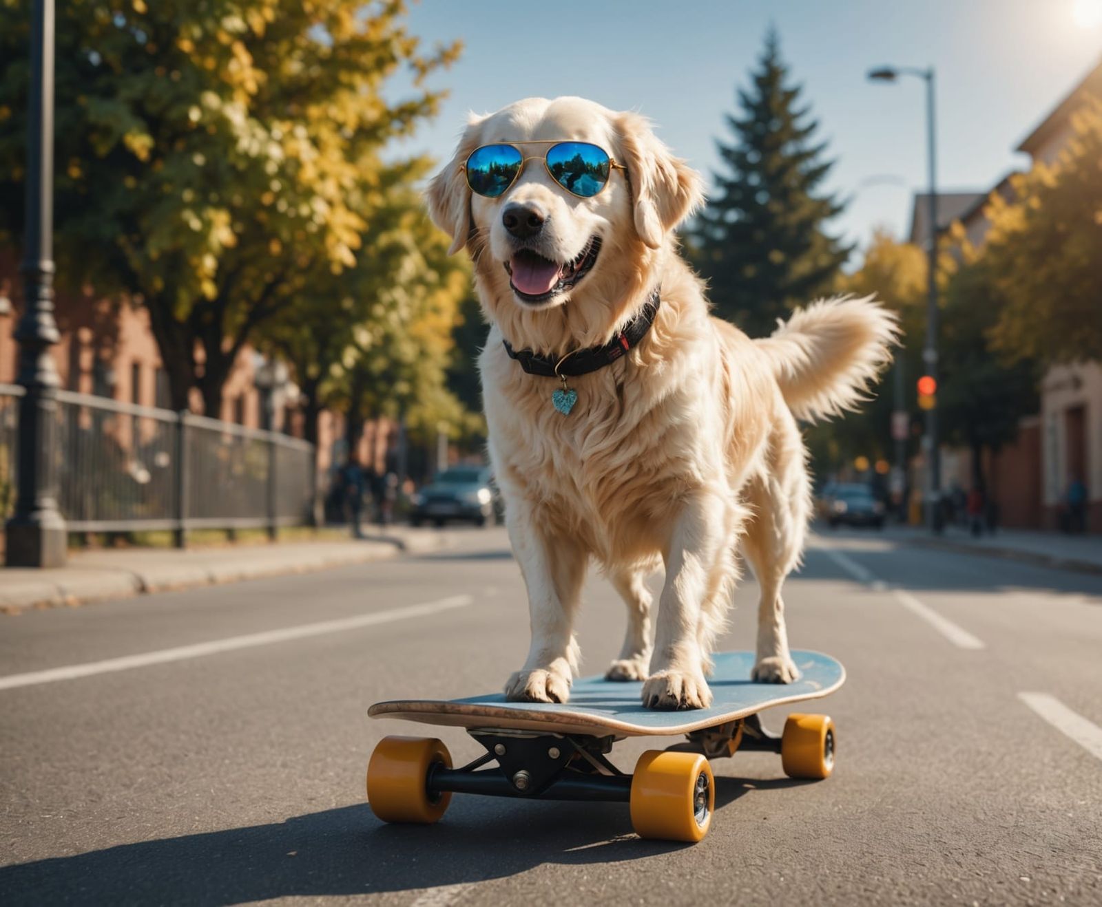 Golden Retriever in Sunglasses Cruises on Skateboard in Fant...