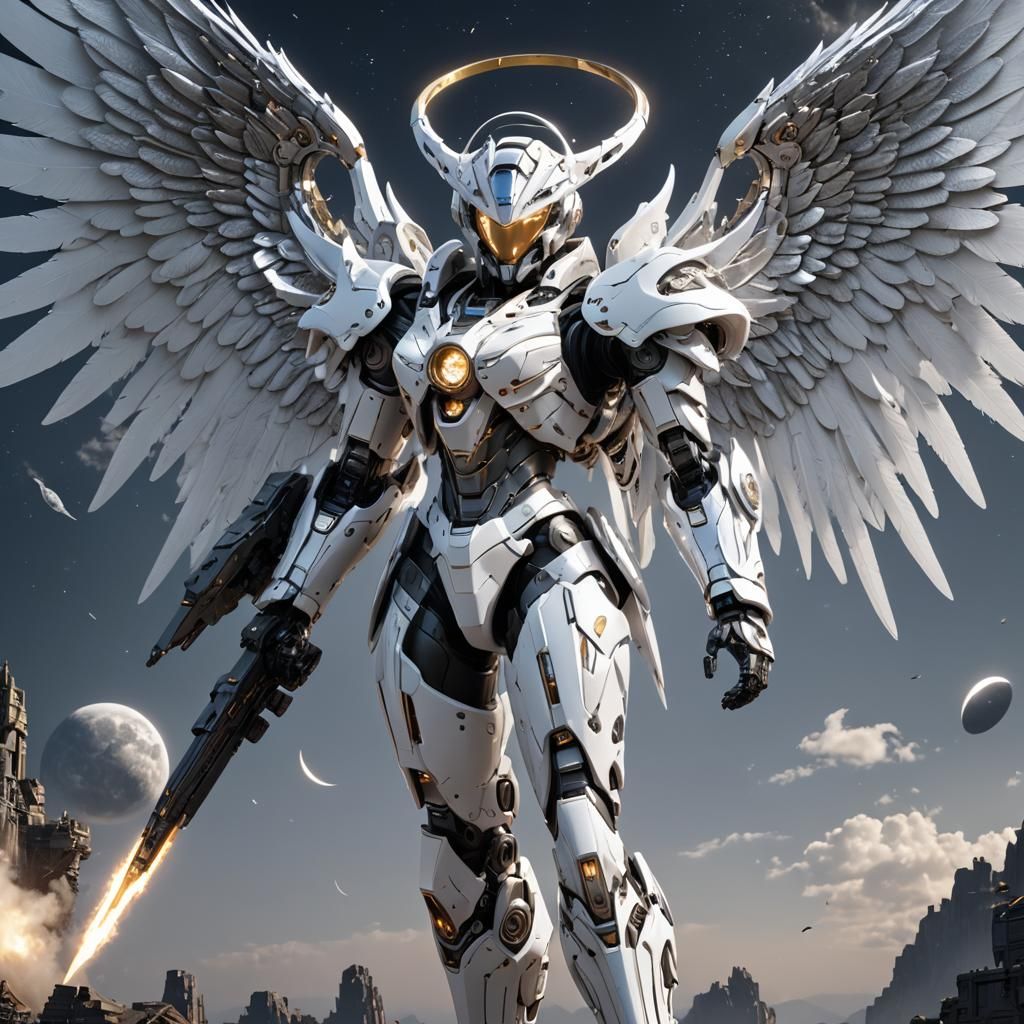 Mecha Angel Descending with Moon Globe
