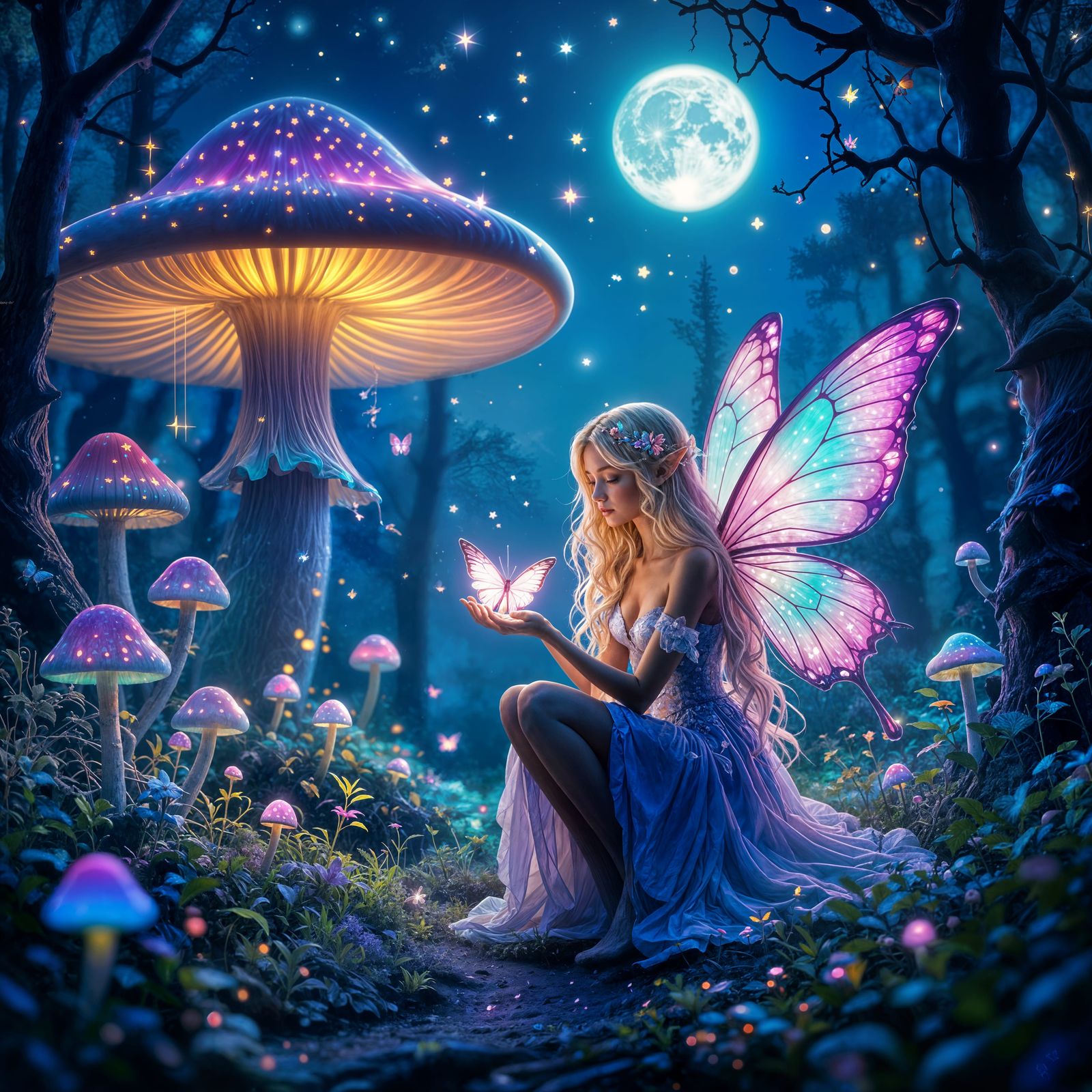 Magical Mushroom Forest at Night with Glowing Fairy
