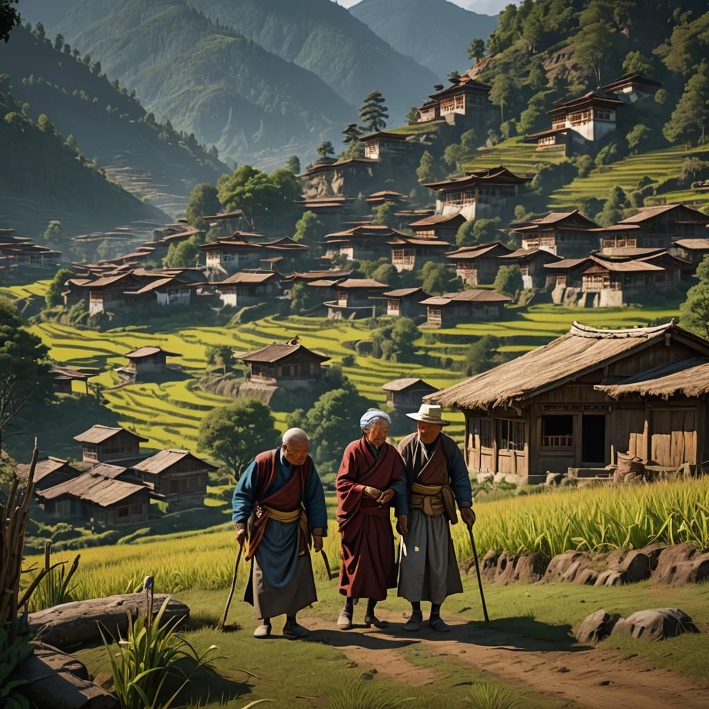Bhutan Village: Old Couple Farming in 3D Animation