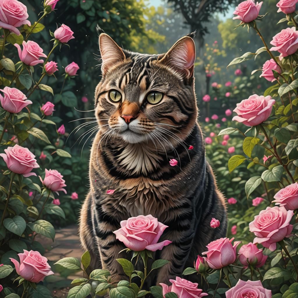 Tabby Cat Smelling a Rose: Chalk Art Style