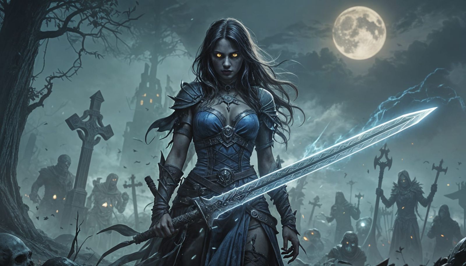 Mystical Sorceress Wields Glowing Magic Sword in Misty Grave...