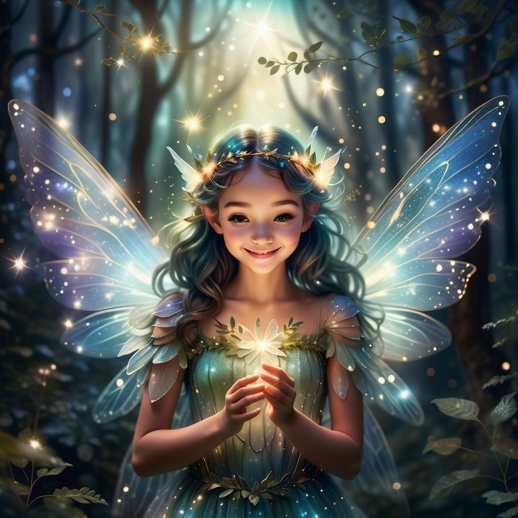 Smiling Winged Fairy Glowing in Magical Forest