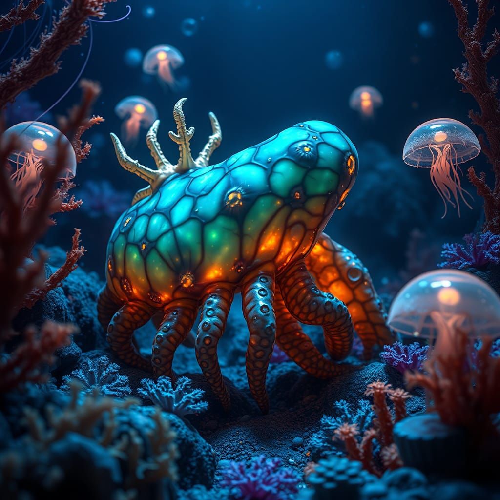 Bioluminescent Sea Cucumber in an Enchanted Underwater Realm