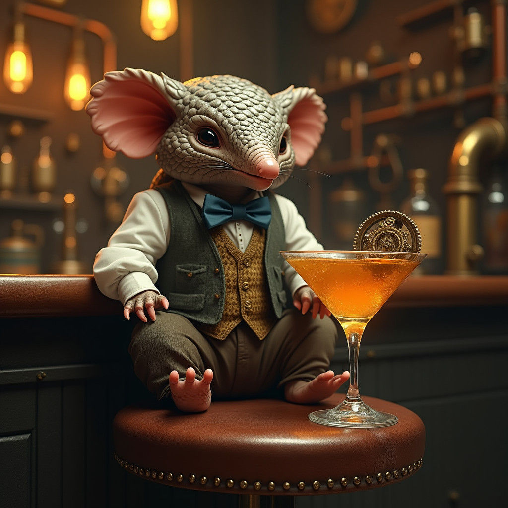 Pangolin in Steampunk Bar with Cocktail