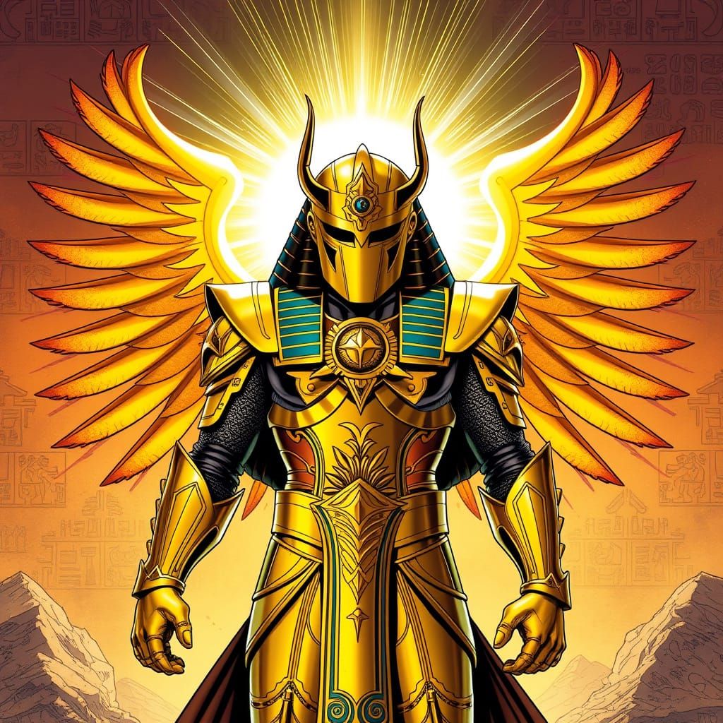 Egyptian Sun Knight Radiates Golden Light in Desert Hues