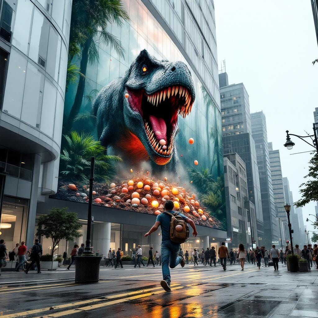 Gigantic T-Rex Bursts From Building in 3D Display