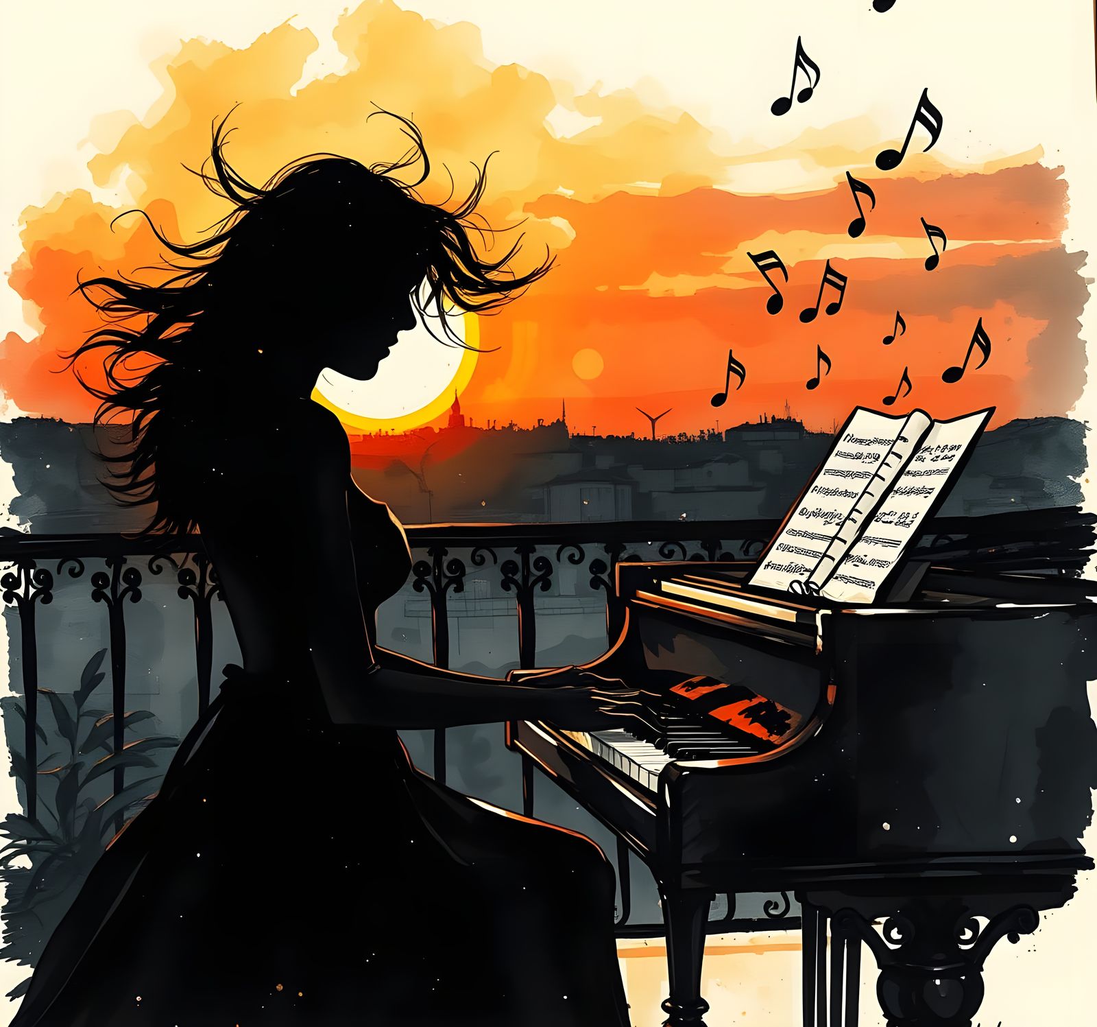 Dark Silhouette Musician Plays Piano Under Sunset