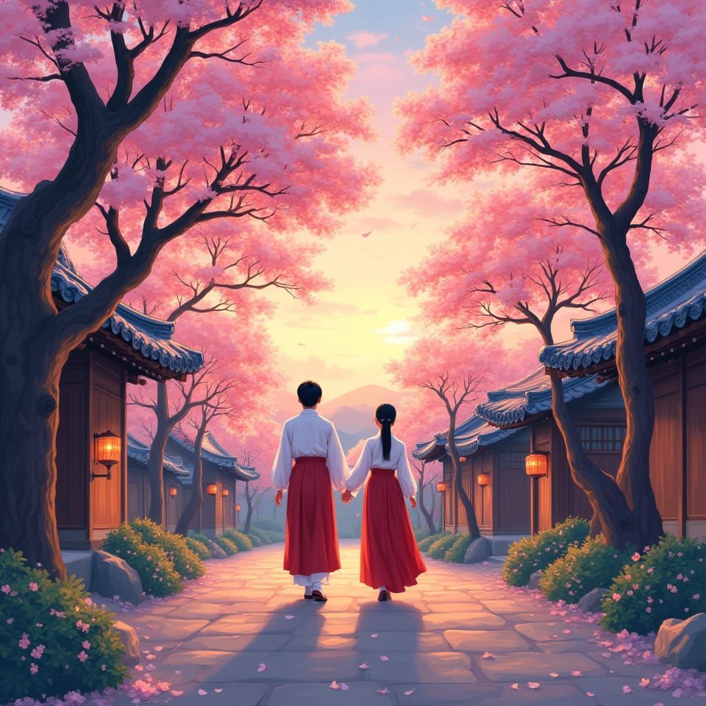 Cherry Blossom Paradise in Traditional Korean Style