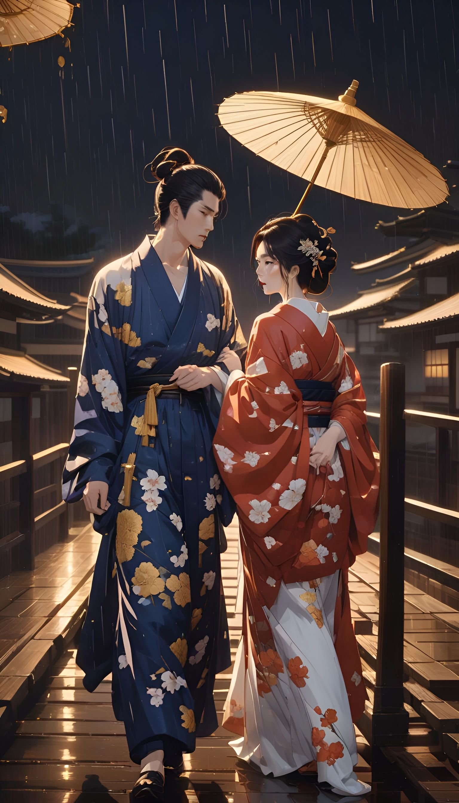 Romantic Japanese Couple in Rainy Ukiyo-e Style