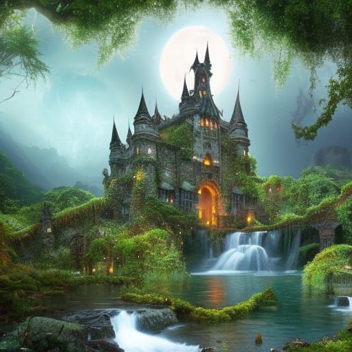 Ruined Magic Castle with Waterfall in Moonlight