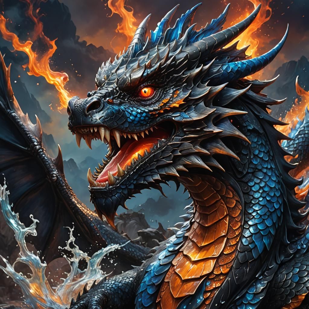 Onyx Dragon Roaring in a Mystical Sunset