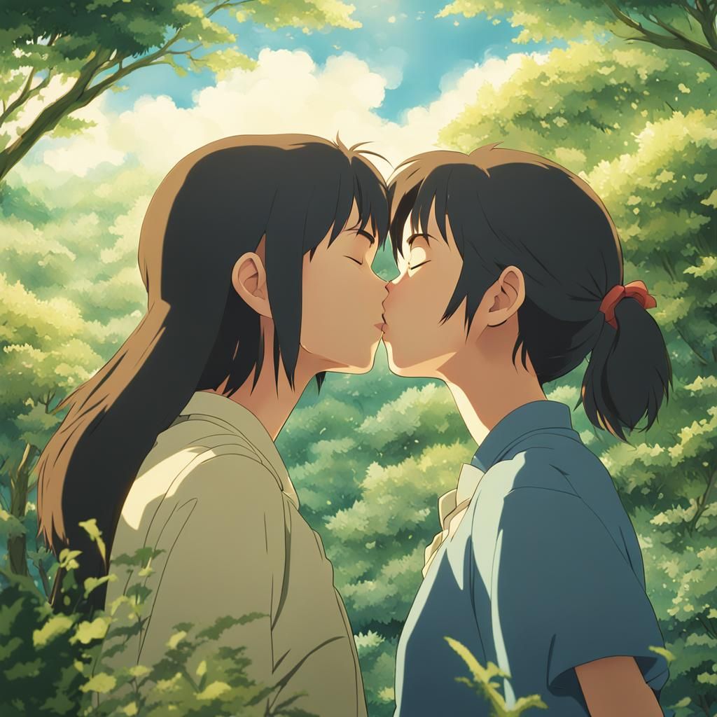 Two Women Kissing in Studio Ghibli Anime Style