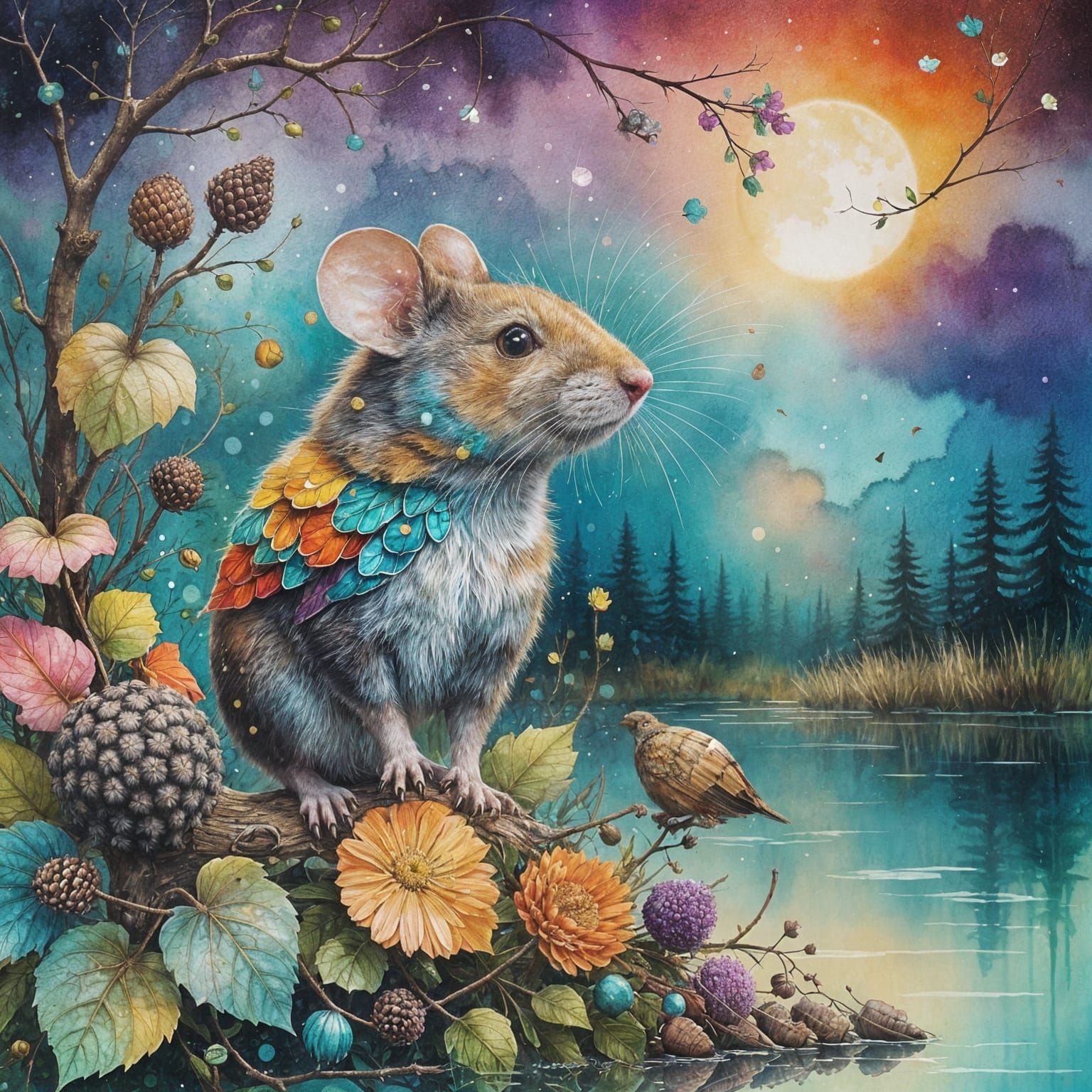 Mouse's Joyful Celebration of Nature in Mixed Media