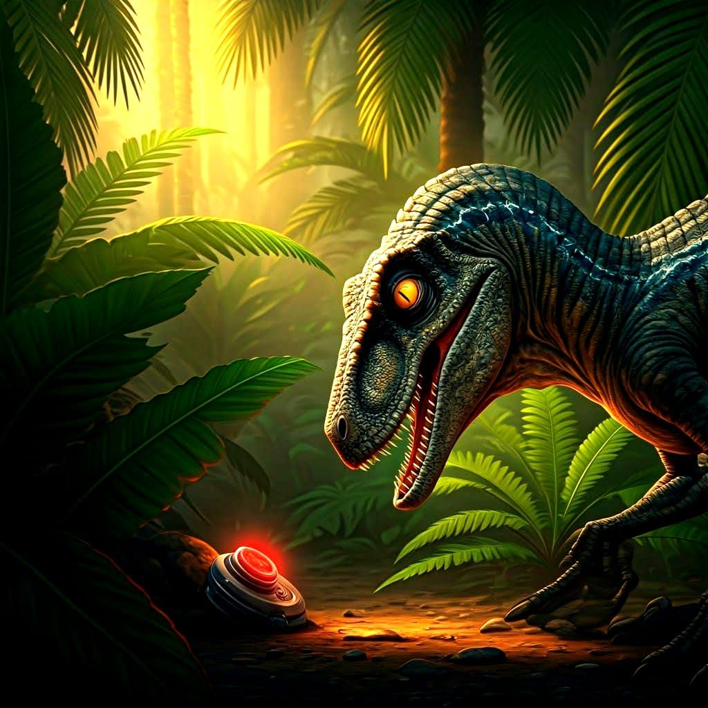 Prehistoric Velociraptor Discovers Glowing Red Button in Anc...