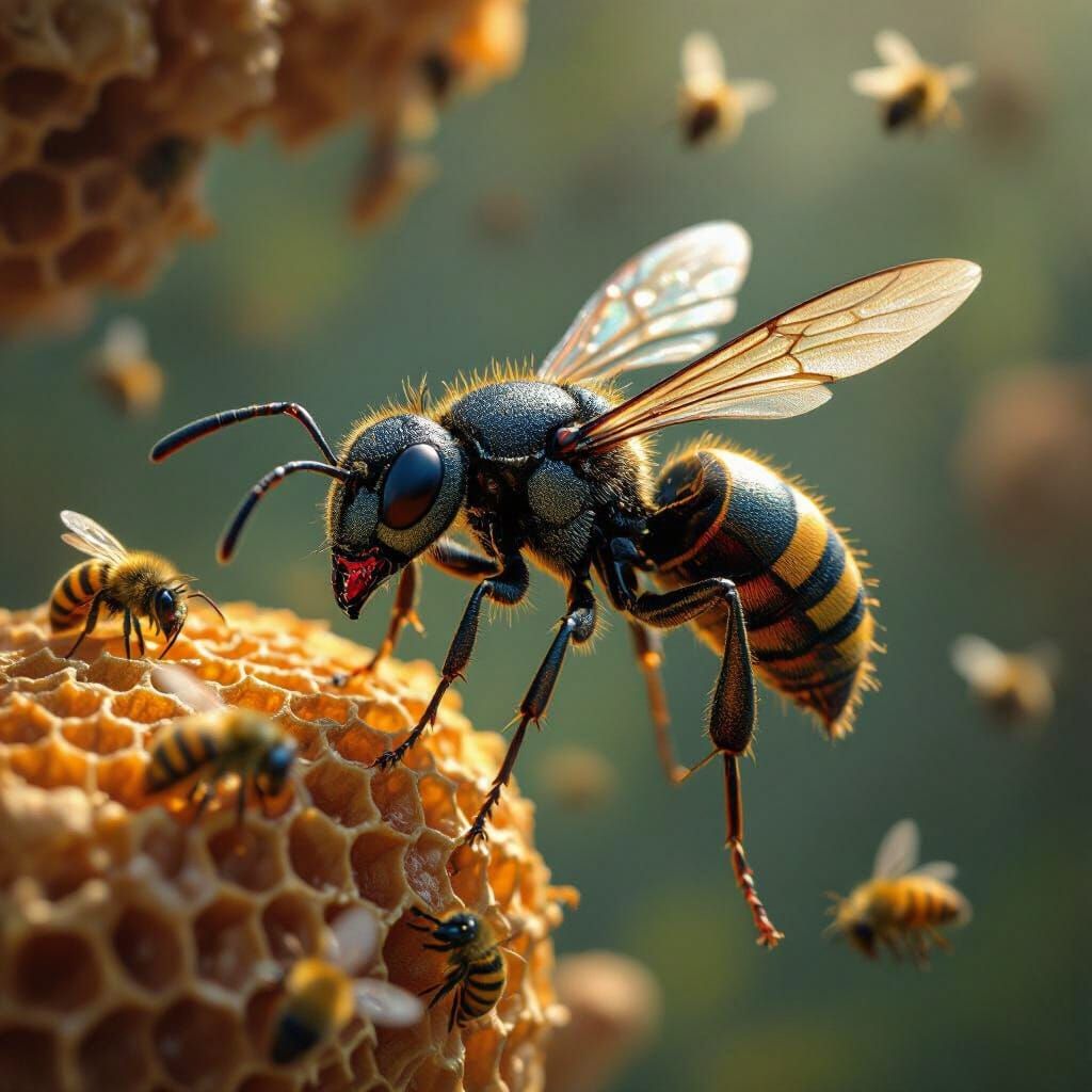 Photorealistic Ant-Wasp Hybrid Near Beehive