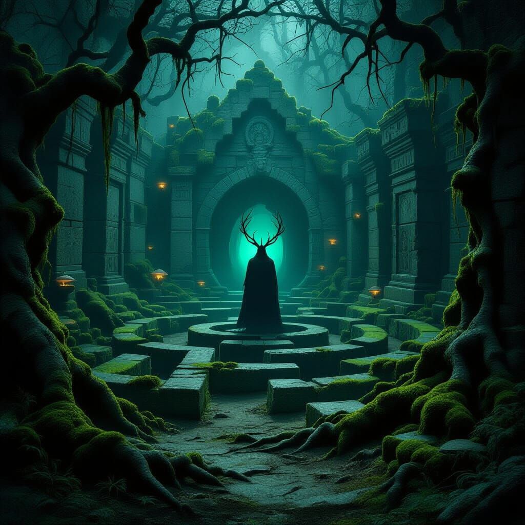 Ancient Mossy Labyrinth with Antlered Creature