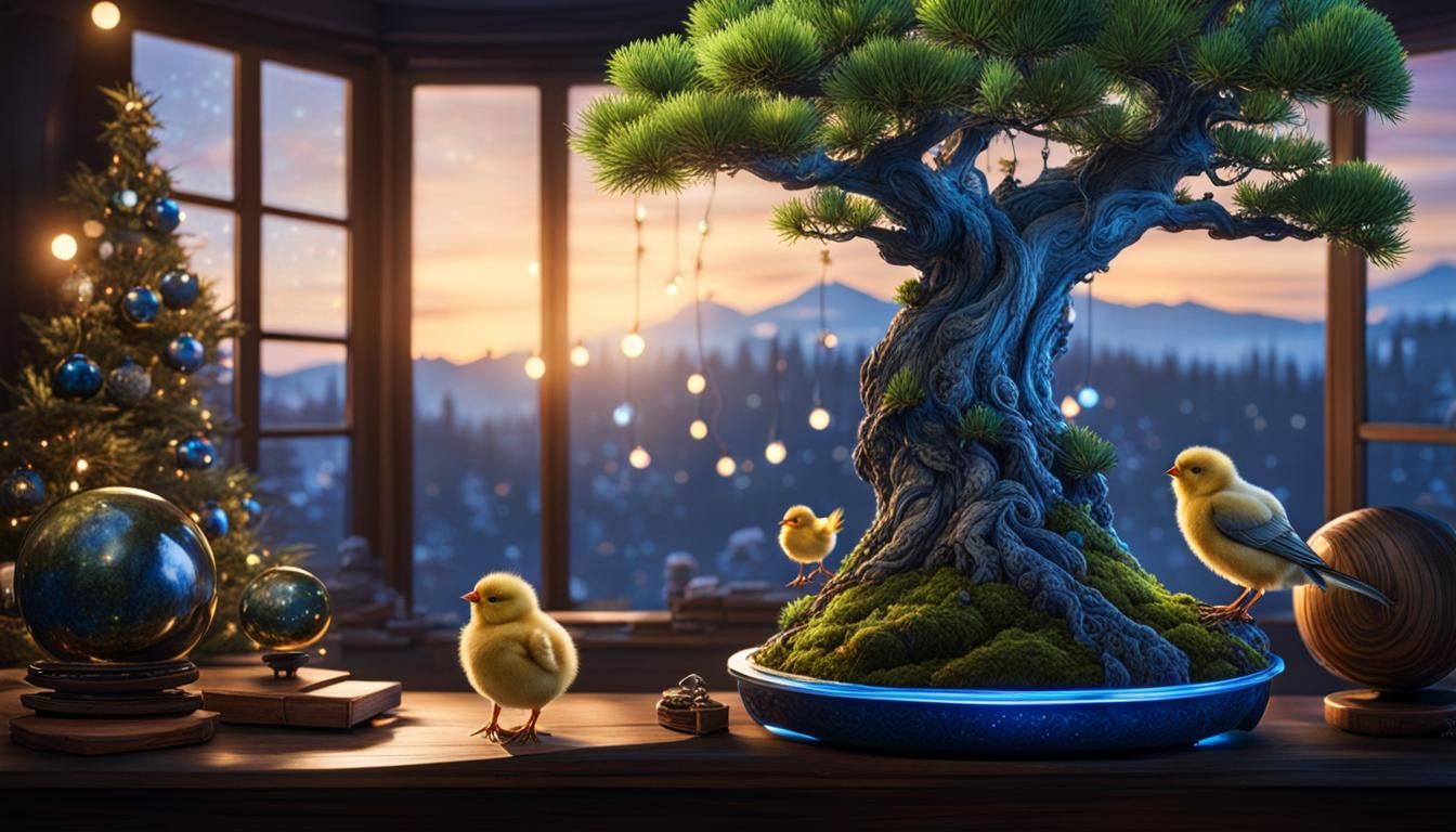 Bonsai Christmas Tree with Bird's Nest, Hyperrealistic