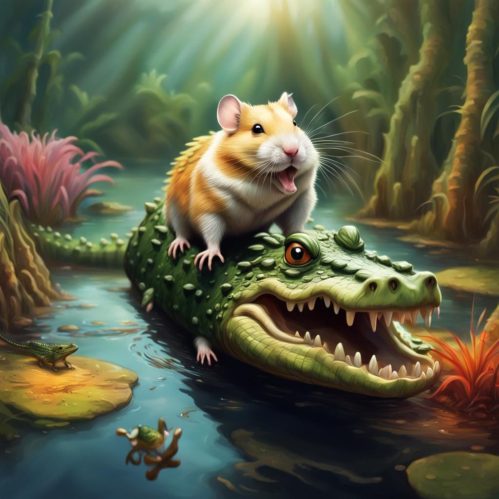 Hamster Rides Crocodile Through Swamp: Hyperrealistic Art