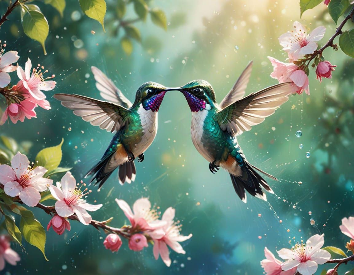 Hummingbird in Blossoming Orchard at Sunset