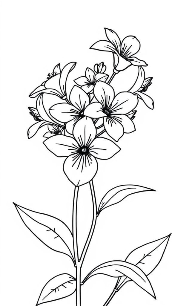 Simplified Violet Bloom in Black and White Line Art