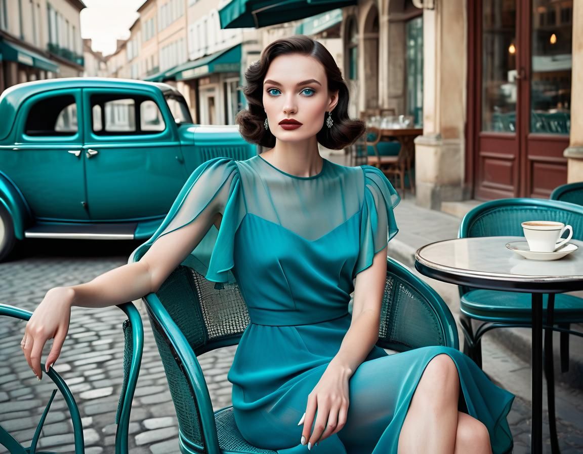 Woman at Cafe in 1930s European Town, Syd Mead Style