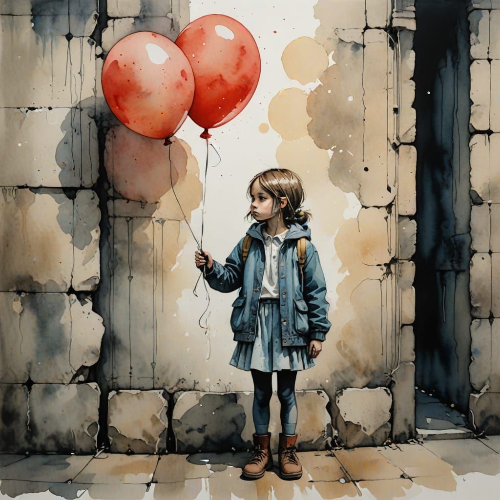 Girl with Red Balloon in Cubist Watercolor Style