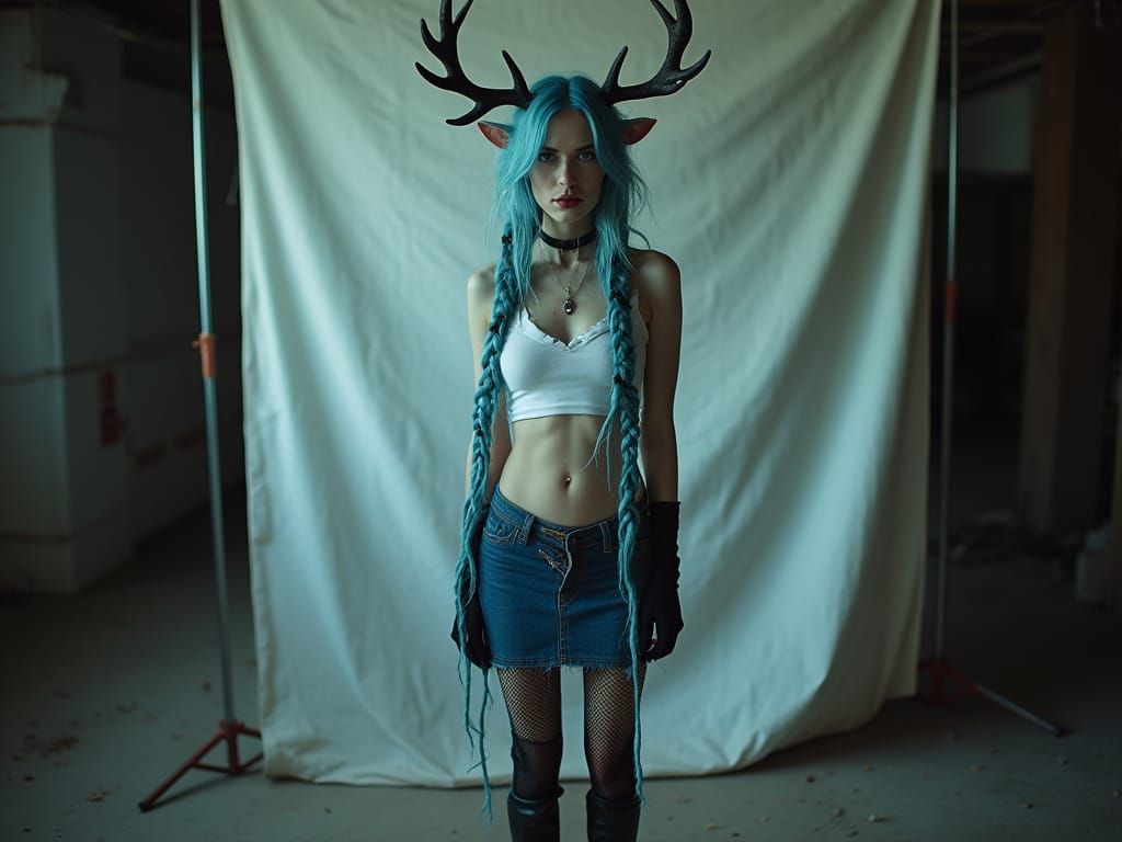 Pinup Style Woman with Blue Hair and Antlers