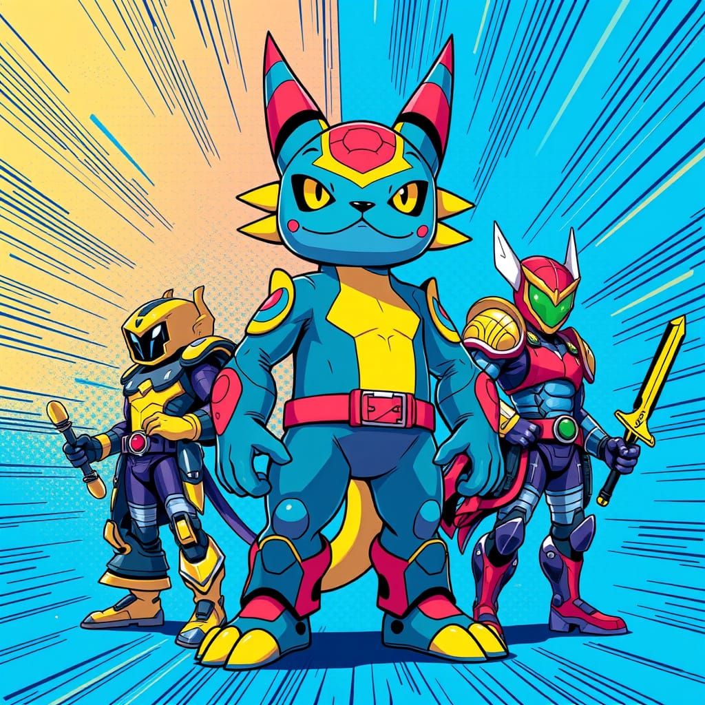 Agumon and Digital Champions in Comic Book Style