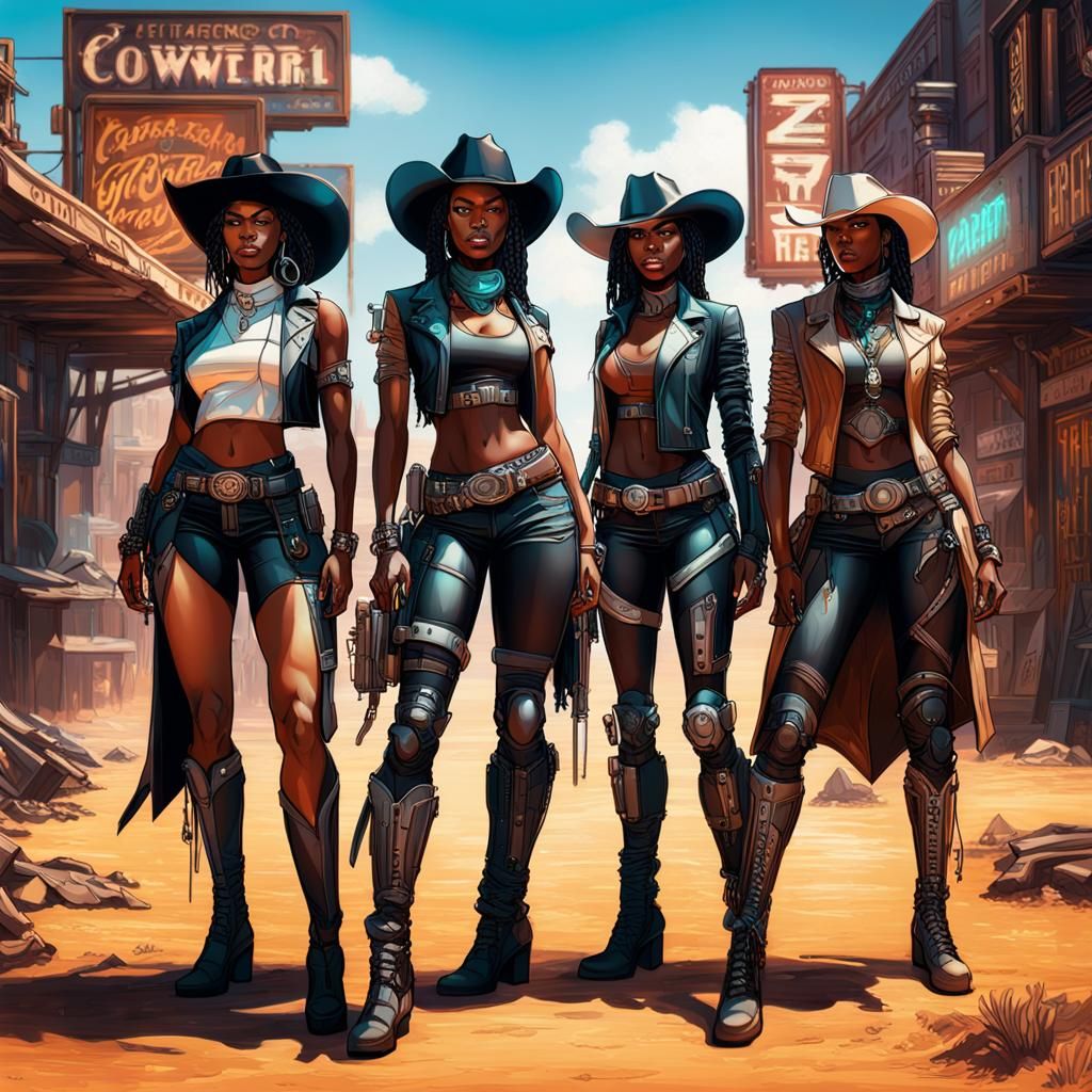 Cyberpunk Cowgirls in Futuristic Wild West Setting