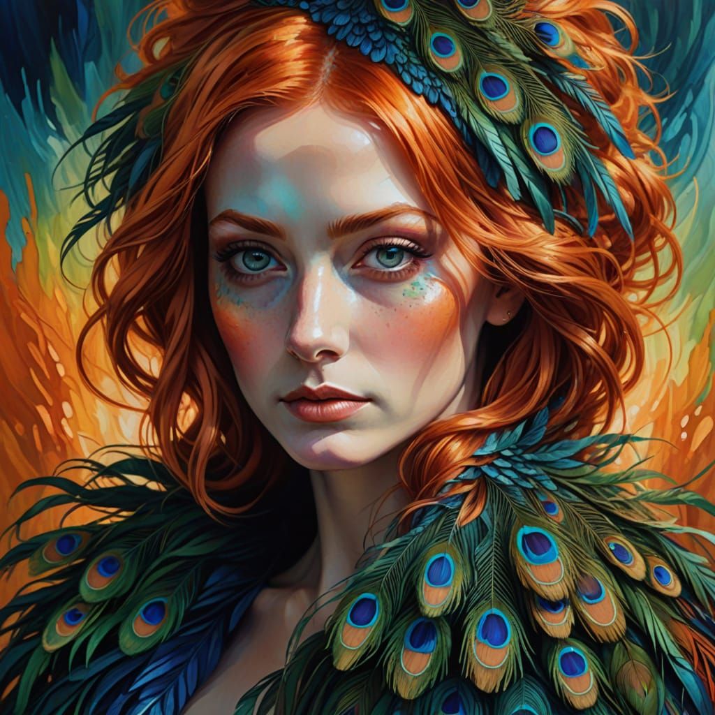 Peacock Woman Portrait in Surreal Style
