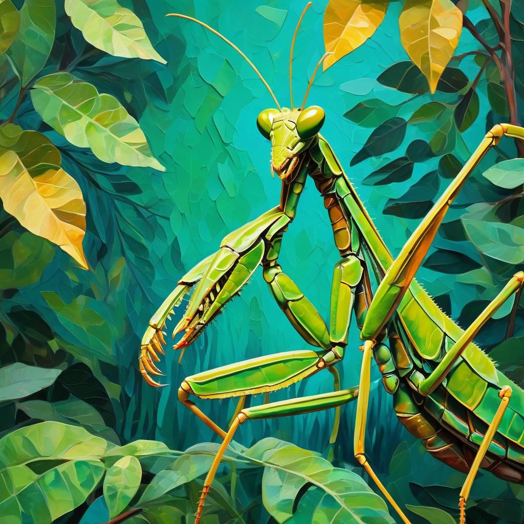 Praying Mantis in Gouache Style with Impasto Details
