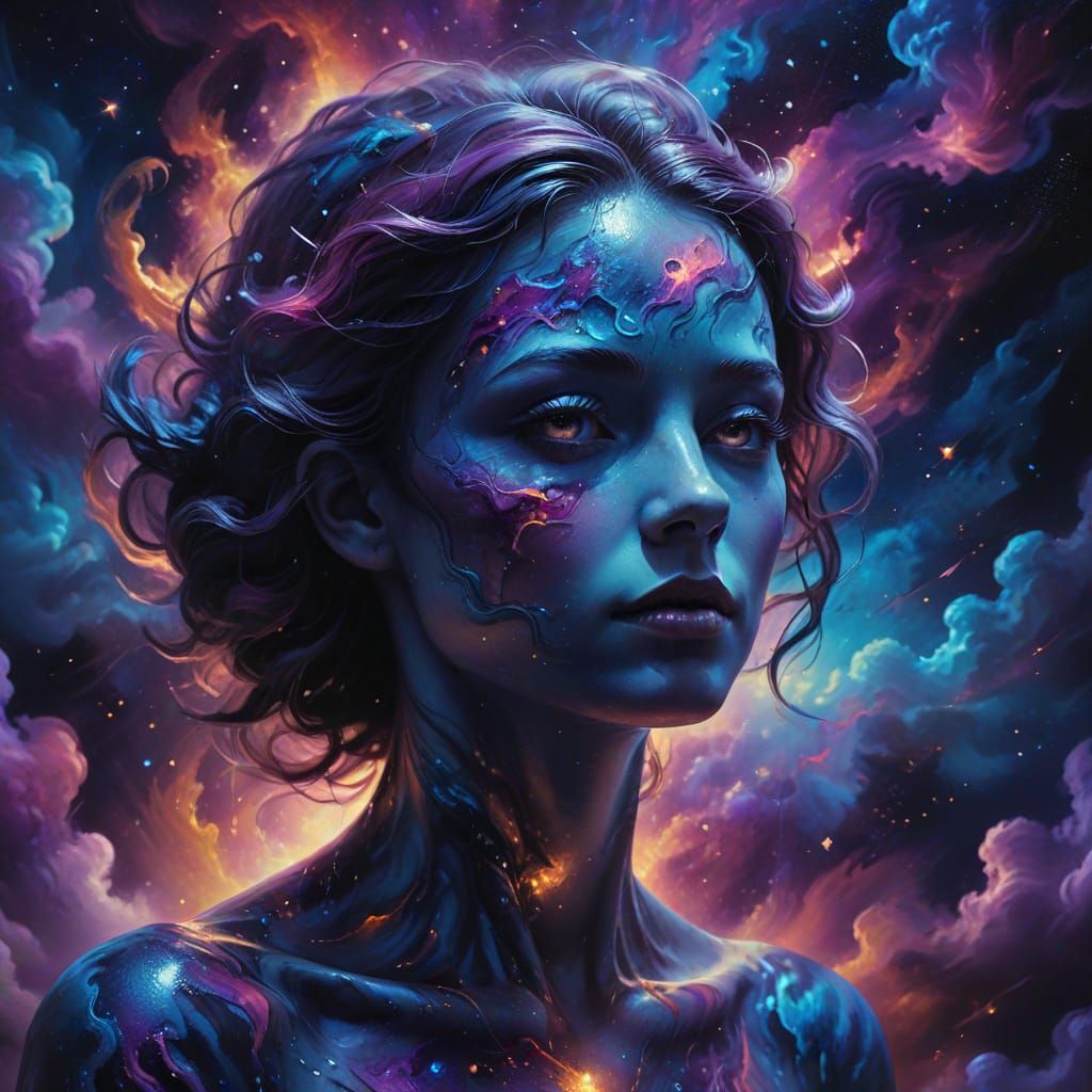 Surreal Figure in Darkness: Vibrant Oil Painting