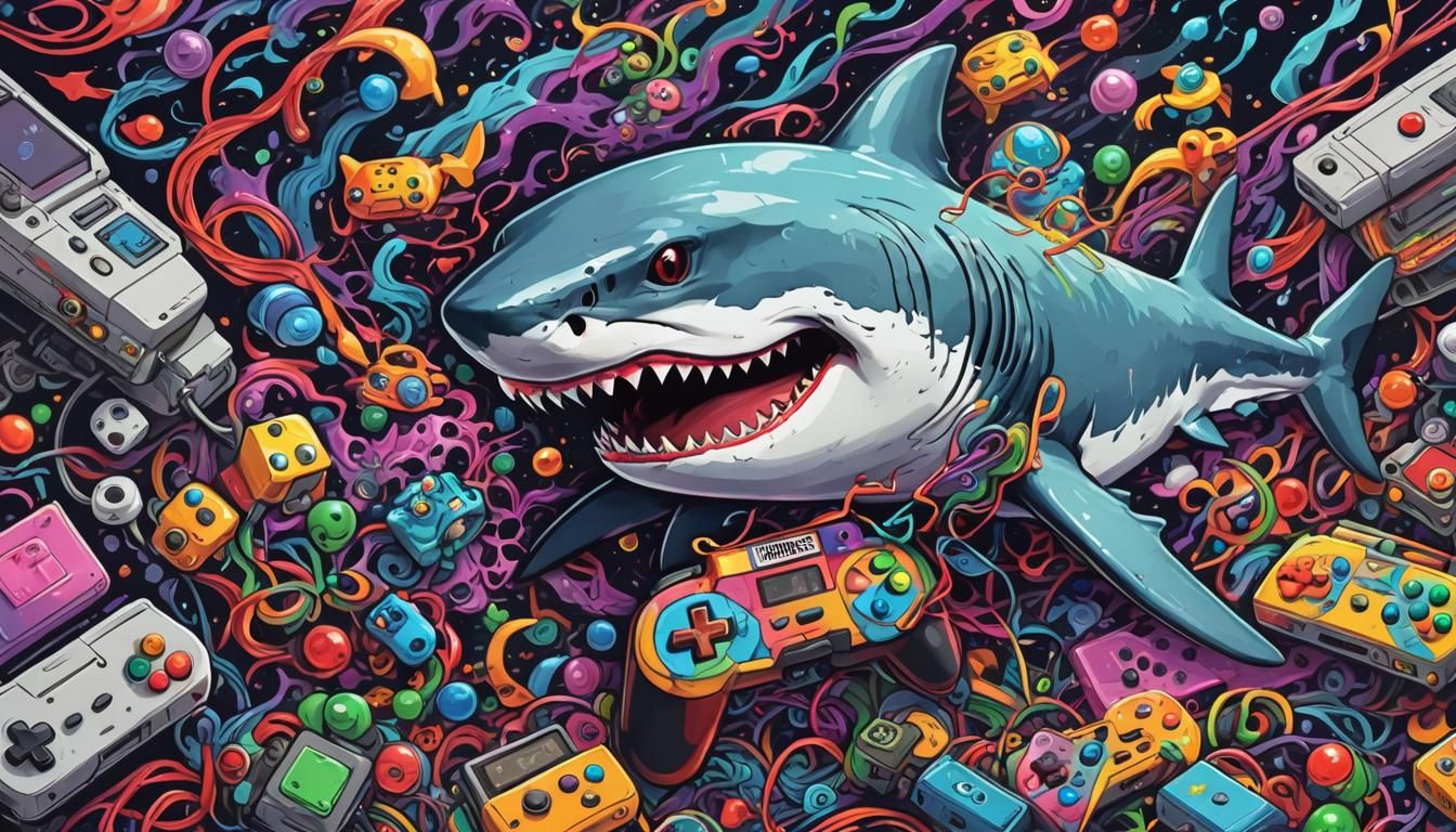 Intoxicated Shark Plays Mario Kart: Whimsical Digital Art