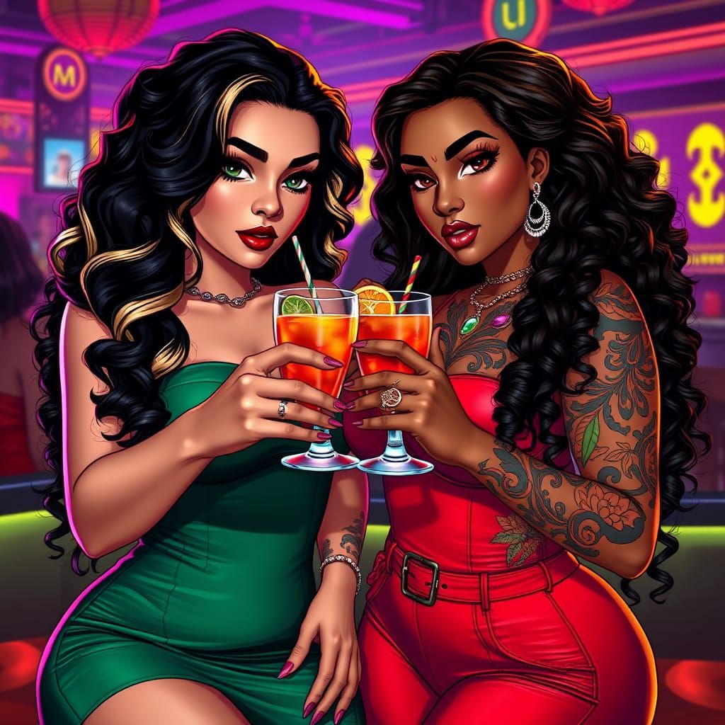 Latina Friends Toasting in 3D Anime Style
