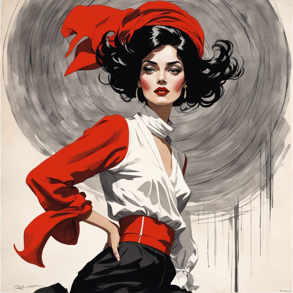 Woman in Bold Red Monochrome Drawing