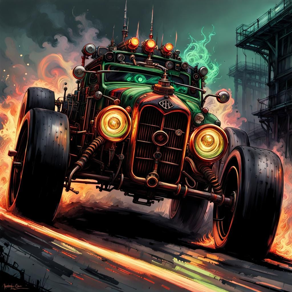 Steampunk_racecar, flaming green