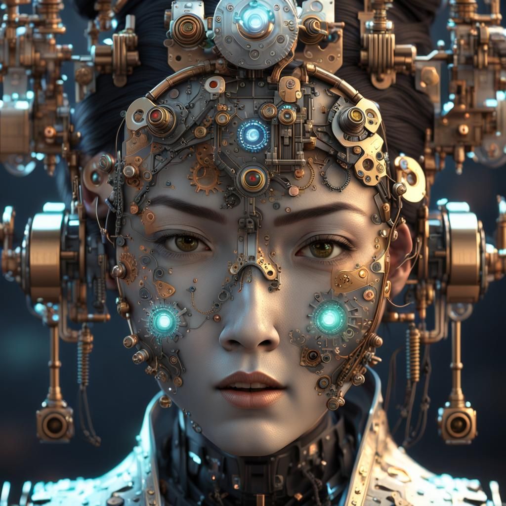 Steampunk Cyborg Geisha with Translucent Face