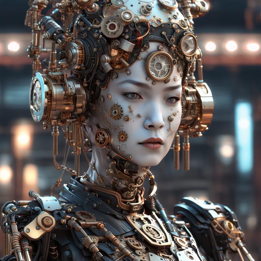 Steampunk Cyborg Geisha with Translucent Face