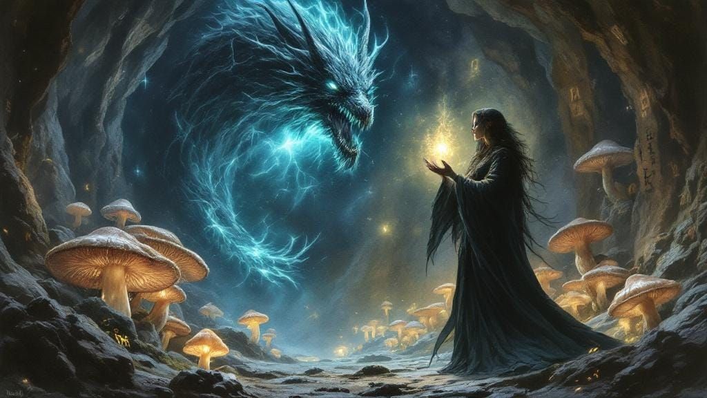 Sorceress Summons Dragon in Dark Fantasy Grotto