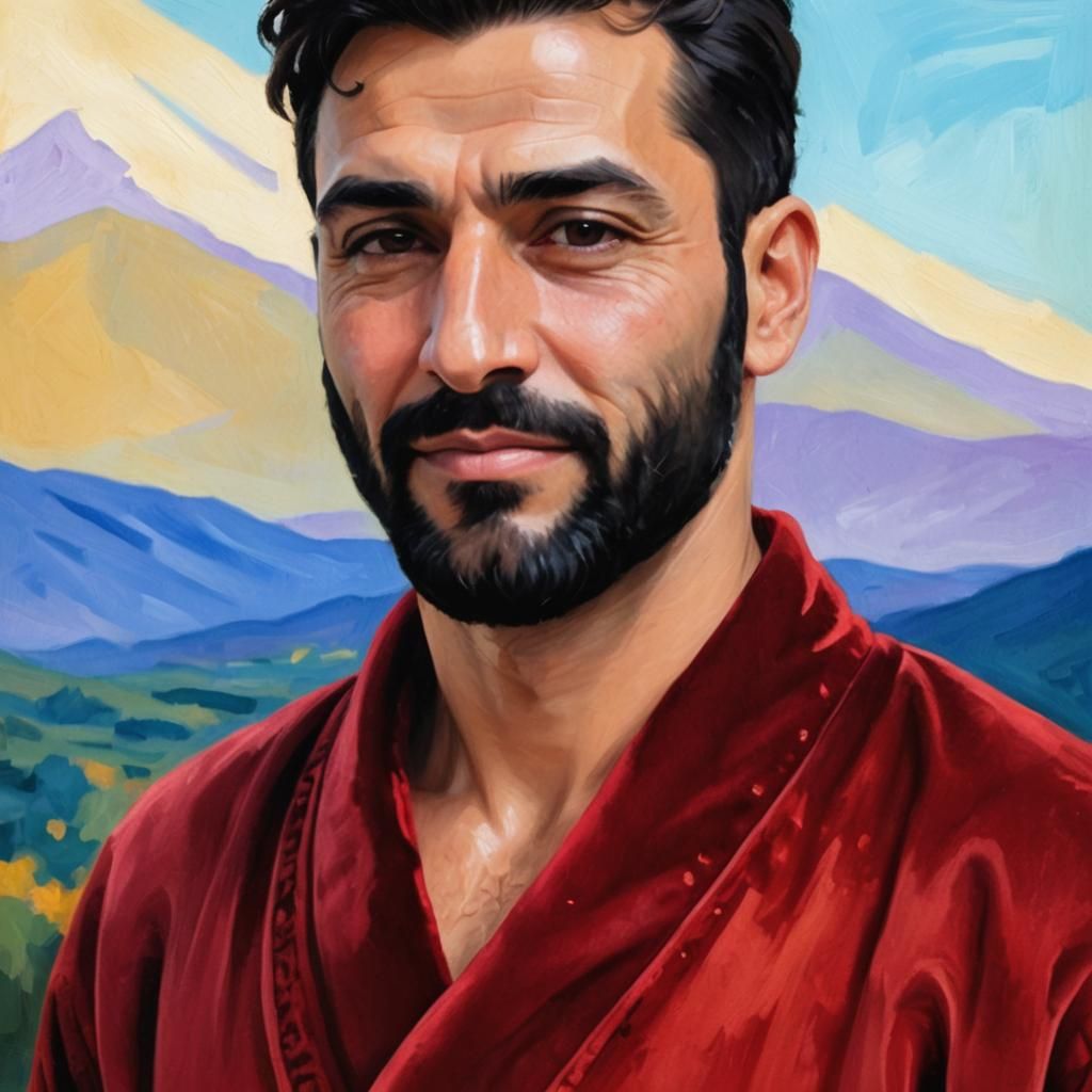 Handsome Turkish Man in Red Velvet Bathrobe as Impasto Paint...