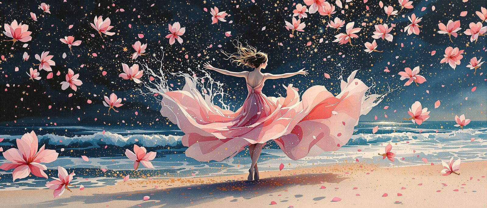 Dancer Amidst Whirling Magnolia Blossoms in Soft, Dreamy Hue...