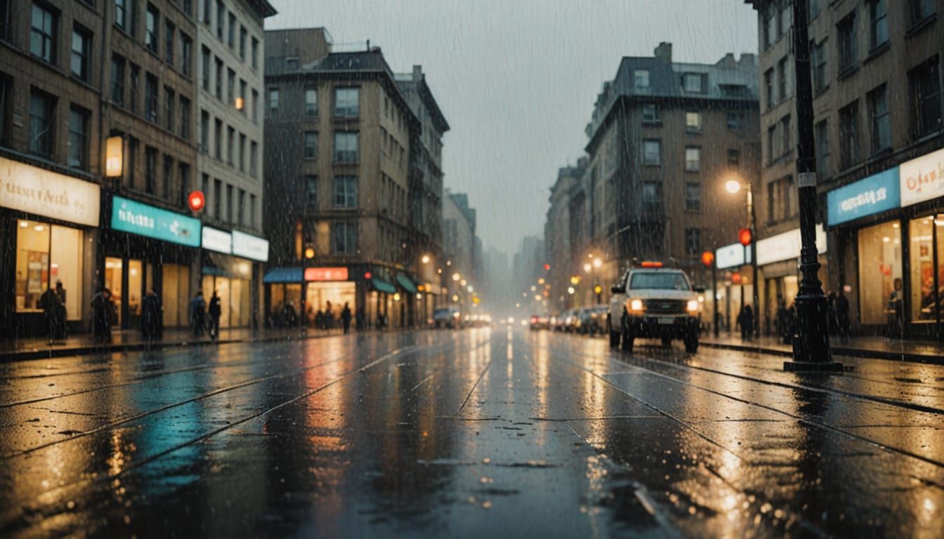 Gentle Rainy Cityscape in a Dreamy Oil Painting
