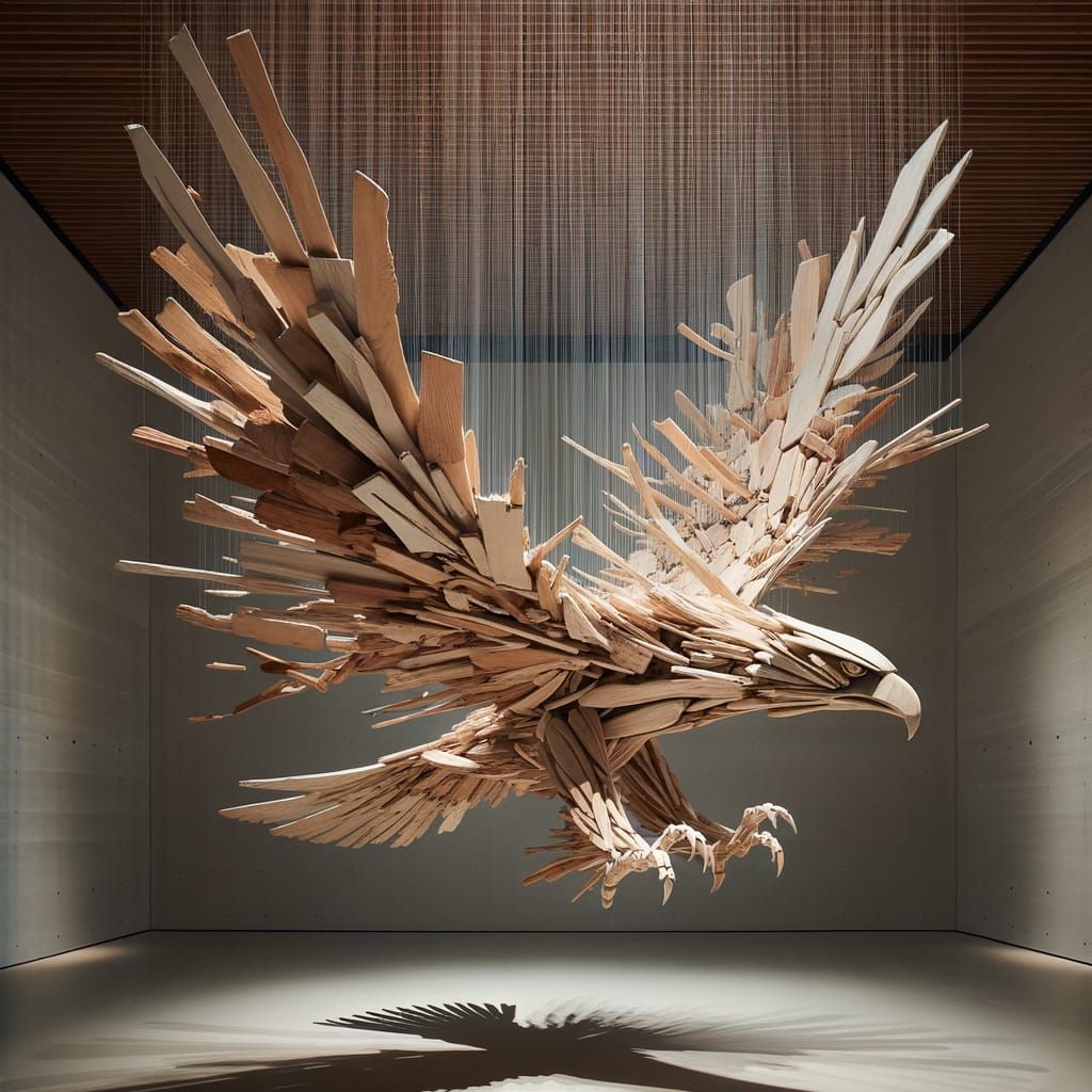 Abstract Wooden Eagle Sculpture in Flight
