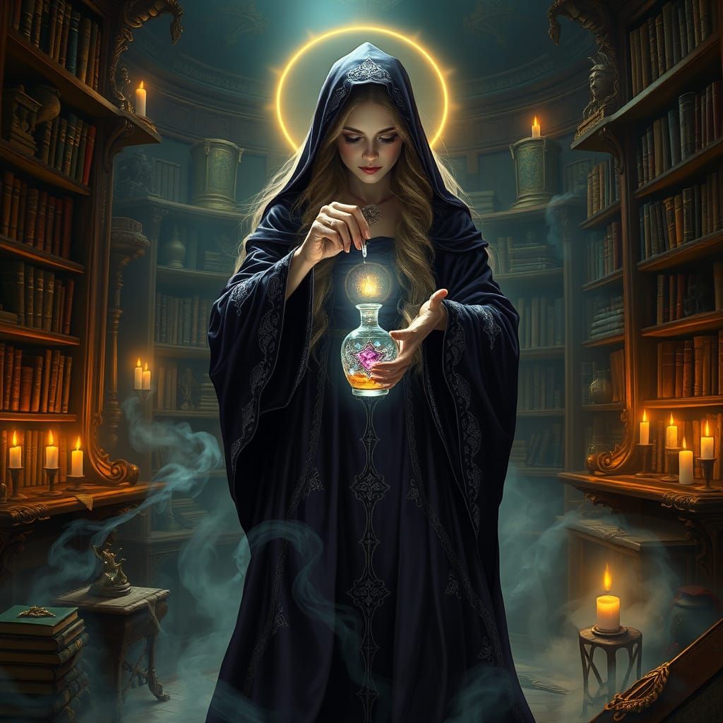 Witch Crafting a Healing Potion in a Mystical Chamber