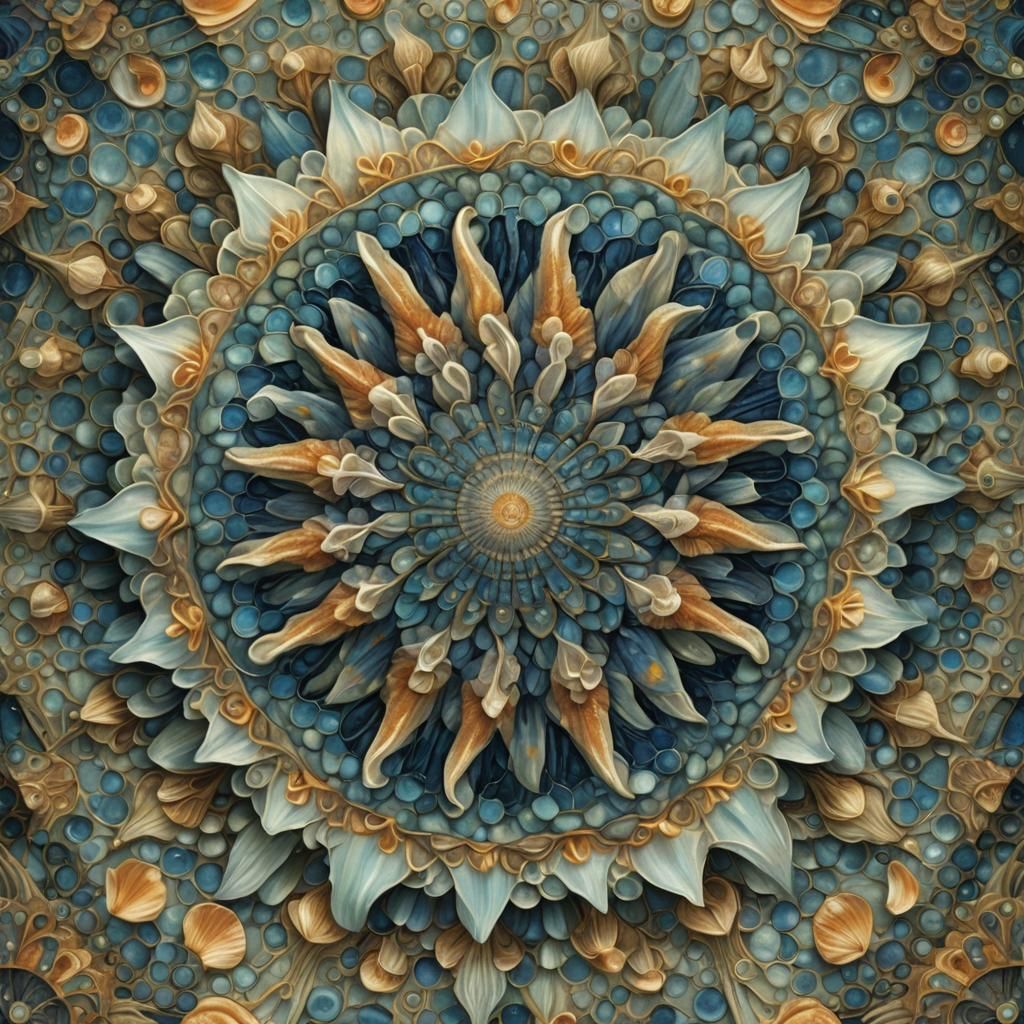 Ocean Shells Kaleidoscope Mandala in Hyperrealistic Splash A...