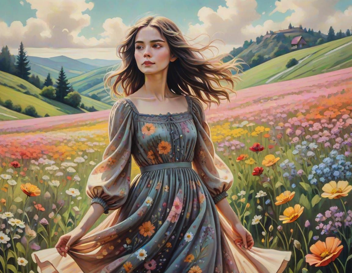 Romantic Cottagecore Oil Painting of Woman in Flower Meadow